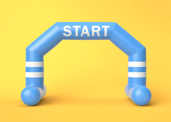 Blue and white inflatable start line arch on yellow background