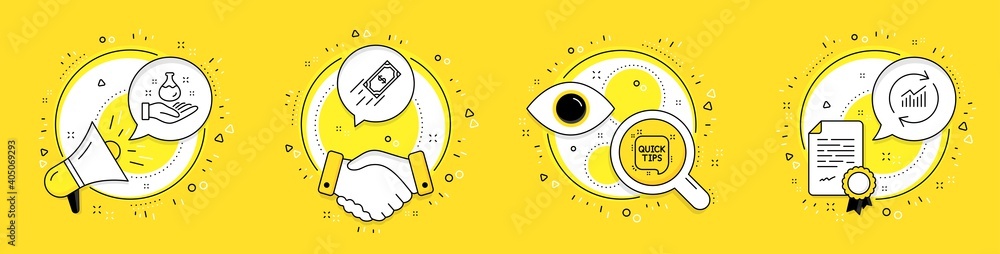 Poster chemistry lab, quick tips and fast payment line icons set. megaphone, licence and deal vector icons.