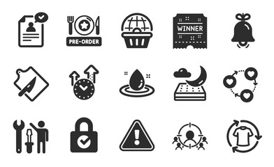 Fuel energy, Password encryption and Winner ticket icons simple set. Online shopping, Change clothes and Business targeting signs. Bell, Cutting board and Friends community symbols. Vector