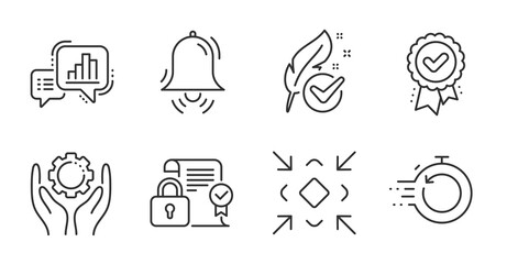 Approved award, Minimize and Security contract line icons set. Fast recovery, Graph chart and Hypoallergenic tested signs. Employee hand, Clock bell symbols. Quality line icons. Vector