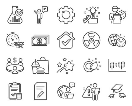 Education icons set. Included icon as Quick tips, Recovery gear, Throw hats signs. Column diagram, Agent, Accounting checklist symbols. Chemistry lab, Edit document, Payment. Creative idea. Vector