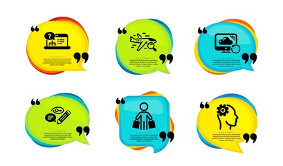 Keywords, Search flight and Online help icons simple set. Speech bubble with quotes. Recovery cloud, Buyer and Engineering signs. Pencil with key, Find travel, Web support. Quote speech bubble. Vector