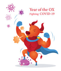 Fototapeta premium Year of the Ox, Zodiac, Fighting with Covid-19 Character