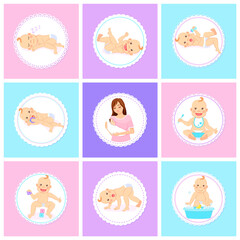 Baby in different poses, babies collection, mother with sleeping newborn on hands, emotions child, motherhood, sleeping, cheerful, with bottle, nipple, eating, playing toys, walking washing