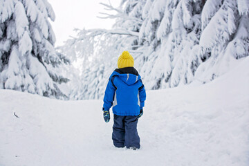 Fototapeta na wymiar Sweet happy child, playing in deep snow