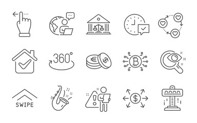 Friends community, Court building and Select alarm line icons set. Bitcoin system, Full rotation and Vision test signs. Jazz, Savings and Dollar exchange symbols. Line icons set. Vector