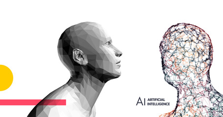 Human vs robot. Conflict of artificial intelligence and human mind. The concept of rivalry.  Scientific digital design template. 3d vector illustration for presentations, flyers or posters.