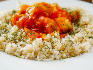 Sweet and sour chicken on a white jasmine rice with green herbs. Asian style dinner. Food and ready meals concept