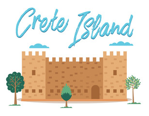 Crete island invitation card vector illustration. Medieval fortress with tower surrounded by trees. Town in greece and castle. Historical building of kings. Protective divine fortress made of stone