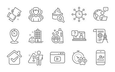 Pet shampoo, Winner cup and Divider document line icons set. Construction building, Moisturizing cream and Dog competition signs. Faq, World time and Group symbols. Line icons set. Vector