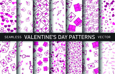 Set of seamless vector hearts patterns. Collection of Valentine's day backgrounds. For fabric, textile, wrapping, cover etc. 10 eps. Pack of love emotion hearts pink patterns.