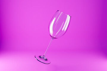 3D illustration of wine glasses. Wine glasses for alcohol flying on a pink background