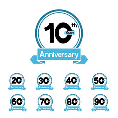 set of Anniversary 10, 20, 30, 40, 50, 60, 70, 80, 90 years on white background.