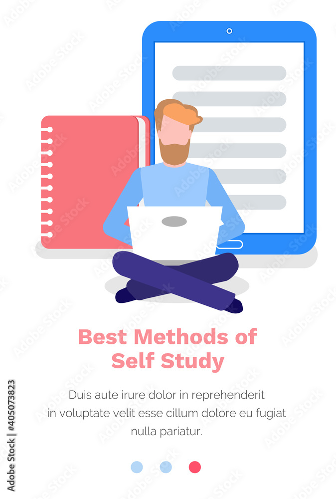 Poster studying material in internet, best methods of self study concept. man is sitting on the floor and w