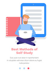 Studying material in internet, best methods of self study concept. Man is sitting on the floor and working with laptop, practicing technique of learning information. Website landing page template