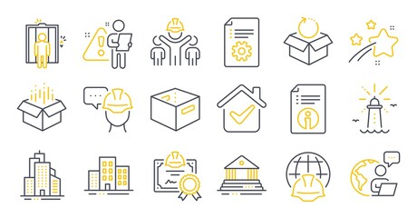 Set of Industrial icons, such as Open box, Skyscraper buildings, Return package symbols. Buildings, Lighthouse, Foreman signs. Certificate, Court building, Office box. Engineering team. Vector