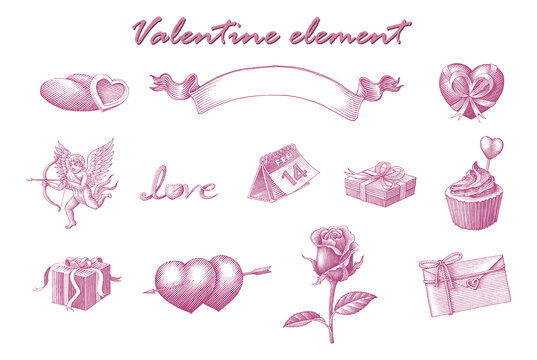 Valentine element hand draw vintage engraving style clip art isolated on white background