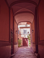 Rome Italy, vintage building portico entrance and internal yard