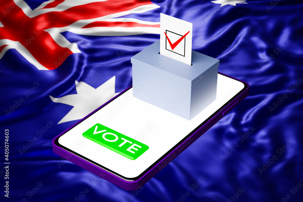 Wall mural 3d illustration of a voting box with a billboard standing on a smartphone, with the national flag of Australia in the background. Online voting concept, digitalization of elections