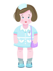 Young girl in the form of a nurse with a bag on her shoulder. Vector image on a white background.