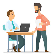 Office workers characters discussing matters. Surprised open-eyed man and colleague sitting at office desk with laptop talking communication. Business meeting and consideration of working issues