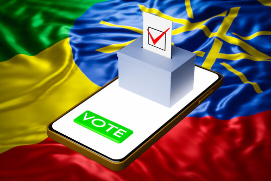 3d illustration of a voting box with a billboard standing on a smartphone, with the national flag of Ethiopia in the background. Online voting concept, digitalization of elections - Powered by Adobe