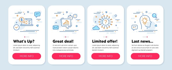 Set of Technology icons, such as Question mark, Statistics timer, Online accounting symbols. Mobile app mockup banners. Idea head line icons. Quiz chat, Growth chart, Web audit. Lightbulb. Vector
