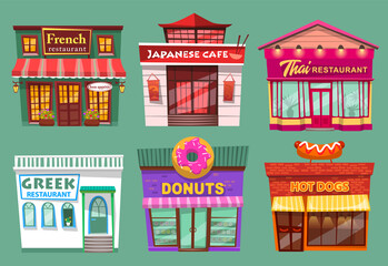 Collection of buildings exteriors. Thai restaurant, french cafe, greek facade and japanese cuisine. Hot dogs and donuts shop selling sweets and desserts. Set of stores with sign boards vector