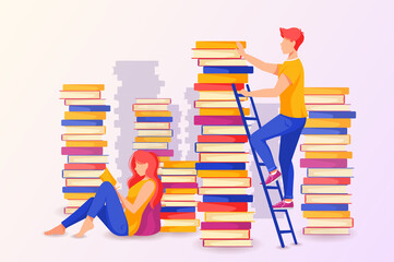 Man on the ladder taking a book, woman seating on the floor and reading. Reading, studying concept. Vector illustration in cartoon style.
