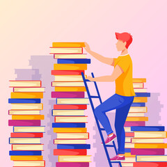 Man on the ladder taking a book. Reading, studying concept. Vector illustration in cartoon style.