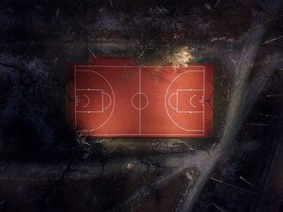 aerial view outdoor public basketball court at night