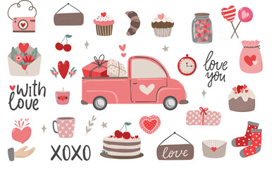 Set of Valentine's day bohemian clipart, valentine's truck, cupcales, florals, hearts, cake. Boho Valentine's day clipart vector love elements on white background in trendy scandinavian style.