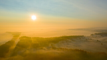 Aerial view of early morning mist over small rustic road among forest trees