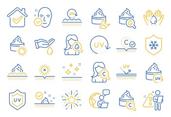 Fototapeta premium Skin care line icons. Collagen, Cream, Serum oil and Skincare. Face sun lotion gel, Uv protection, vitamin E icons. Night face skin care cream protection. Skincare cosmetic. Line icon set. Vector