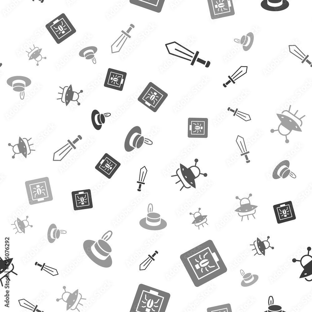 Poster set sword for game, insects in frame, ufo flying spaceship and man hat on seamless pattern. vector.