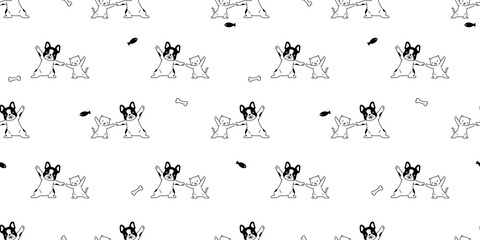 dog cat french bulldog seamless pattern vector kitten calico fish bone cartoon tile background repeat wallpaper scarf isolated illustration design