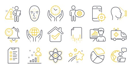 Set of Science icons, such as Cogwheel, Face biometrics, Checklist symbols. Face id, Recovery file, Stats signs. Ambulance car, Safe time, Seo phone. Organic tested, Chemistry atom. Vector