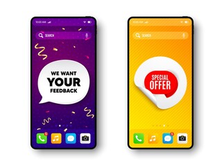 Special offer banner. Phone mockup vector confetti banner. Discount sticker shape. Sale coupon bubble icon. Social story post template. We want your feedback speech buuble. Vector