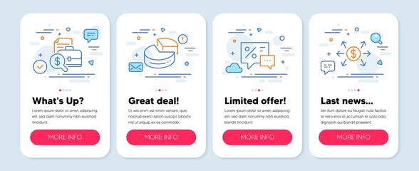 Set of Finance icons, such as Accounting report, Discounts, Pie chart symbols. Mobile screen app banners. Dollar exchange line icons. Financial case, Best offer, 3d graph. Payment. Vector
