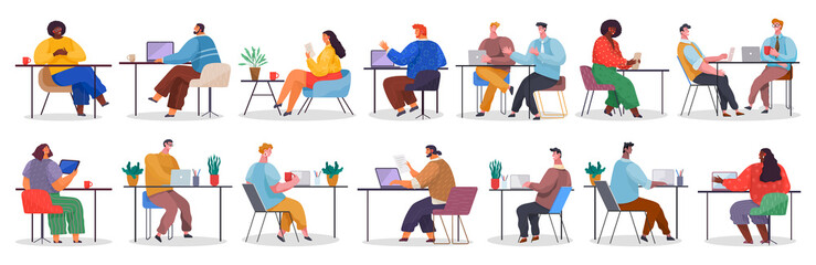 Business characters working in office workplace at the table with laptop flat design. Co working people, meeting teamwork, collaboration and discussion. Businesspeople office life illustration