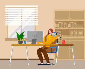 Business woman at the desk is working on the laptop computer vector illustration in flat style. Secretary in office workspace, businesswoman person in glasses sitting at a table typing with keyboard