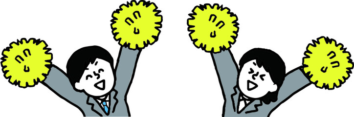 ポンポンを持って応援するスーツ姿の男女上半身（シンプル）