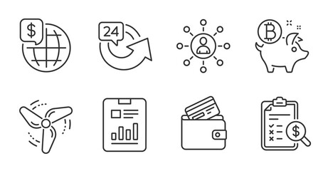Bitcoin coin, World money and Accounting report line icons set. Debit card, Wind energy and 24 hours signs. Report document, Networking symbols. Piggy bank, Global markets, Check finance. Vector