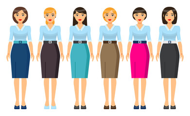Fototapeta premium Cartoon characters. Woman brunette with short haircut wearing different clothes. Girl in business look. Businesslady wear business dress, skirt and blouse, office suit with jacket. Set of clothes