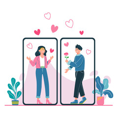 Online dating app concept.  Virtual relationship concept. Social distant dating. Couple dating on the internet with mobile app. Flat characters design vector illustration