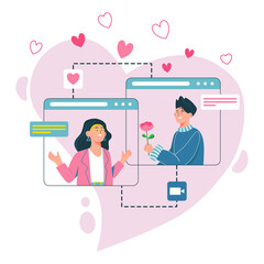 Online dating concept. Cute couple online dating on the internet. Social distant dating. Virtual relationship concept. Flat characters design vector illustration