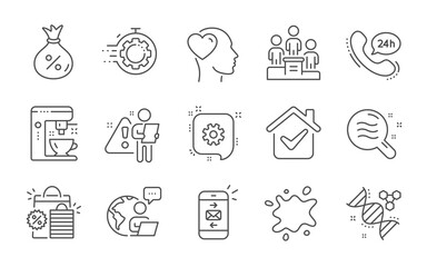 24h service, Skin condition and Seo timer line icons set. Shopping bags, Friend and Chemistry dna signs. Dirty spot, Coffee maker and Cogwheel symbols. Business podium, Mail and Loan. Vector