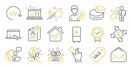 Set of Business icons, such as Gift, Sound check, Scroll down symbols. Refrigerator, Move gesture, Pie chart signs. Bitcoin project, Payment exchange, Edit person. Uv protection, Mail. Vector