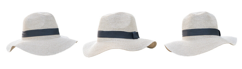 Straw hat set isolated (clipping path) on white background in Panama fashion hat style for summer beach vacation sun screen protection for both men and women