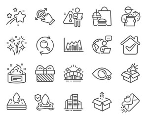Business icons set. Included icon as Gift, Search, Waterproof mattress signs. Megaphone box, Infographic graph, Fireworks symbols. Buildings, Sports arena, Touchscreen gesture. Skin cream. Vector